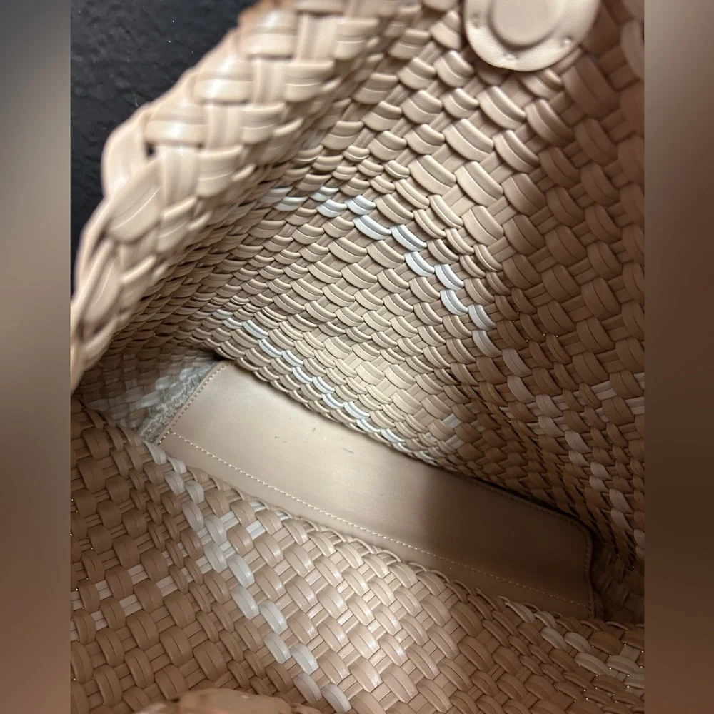 E/N Expressions NYC Vegan‎ Leather Woven Shoulder Tote Bag Beige and cream NWT